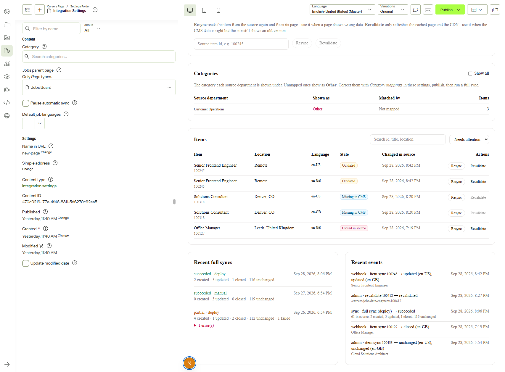 Lower part of the admin panel: items that are outdated, missing in the CMS or closed in the source with Resync and Revalidate buttons, recent full syncs with their counts, and recent webhook, admin and sync events